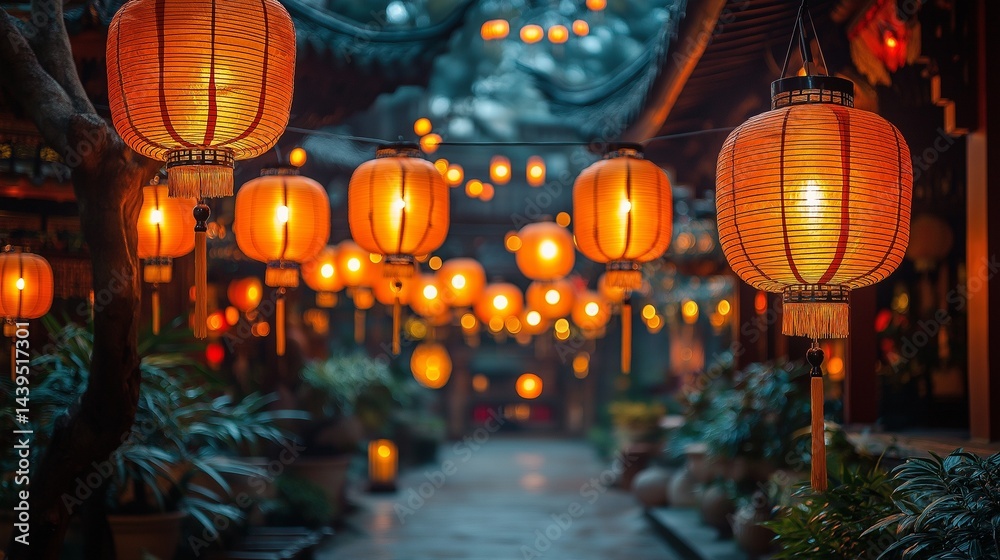 Traditional Chinese lantern festival with glowing red lanterns at night,generative ai illustration Traditional Chinese lantern festival with glowing red lanterns at night,generative ai illustration