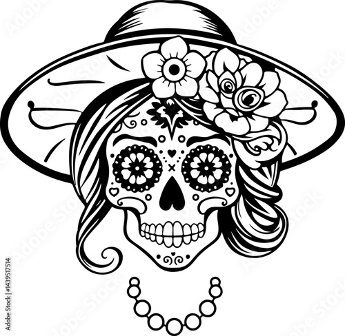 "Elegant Sugar Skull Lady – Black and White Day of the Dead Vector Art Featuring Floral and Ornamental Details with Vintage Accessories"