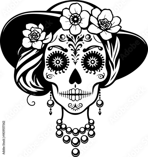 "Elegant Sugar Skull Lady – Black and White Day of the Dead Vector Art Featuring Floral and Ornamental Details with Vintage Accessories"