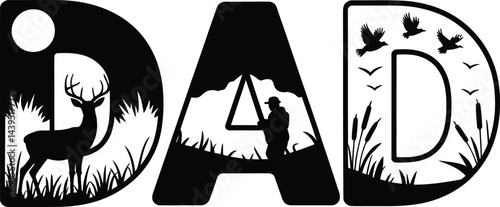 Dad letters with hunting and fishing silhouettes black and white design for fathers day celebration