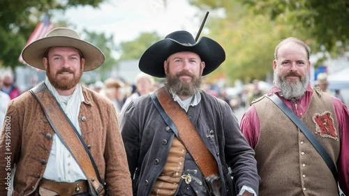 Men dressed in colonial costumes walking outdoors at reenactment event with an American flag in the background in bright daylight.