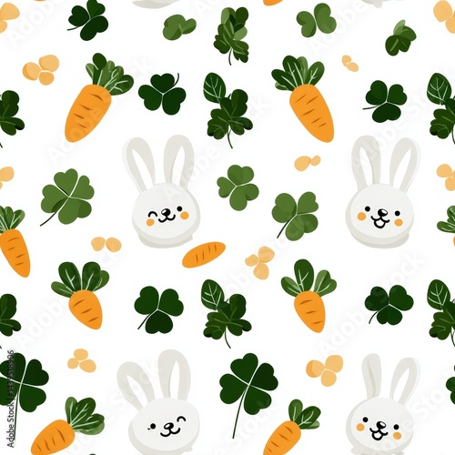 Seamless repeat pattern featuring hand-painted cute bunnies in chibi style, with carrots and clover, peach and sage green, isolated on white background, forest whimsy vibe, vibrant design