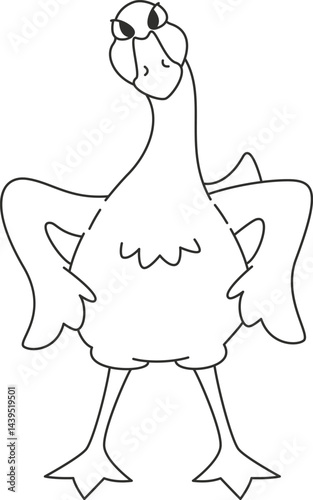 Standing disgruntled goose. Funny bird in doodle style.