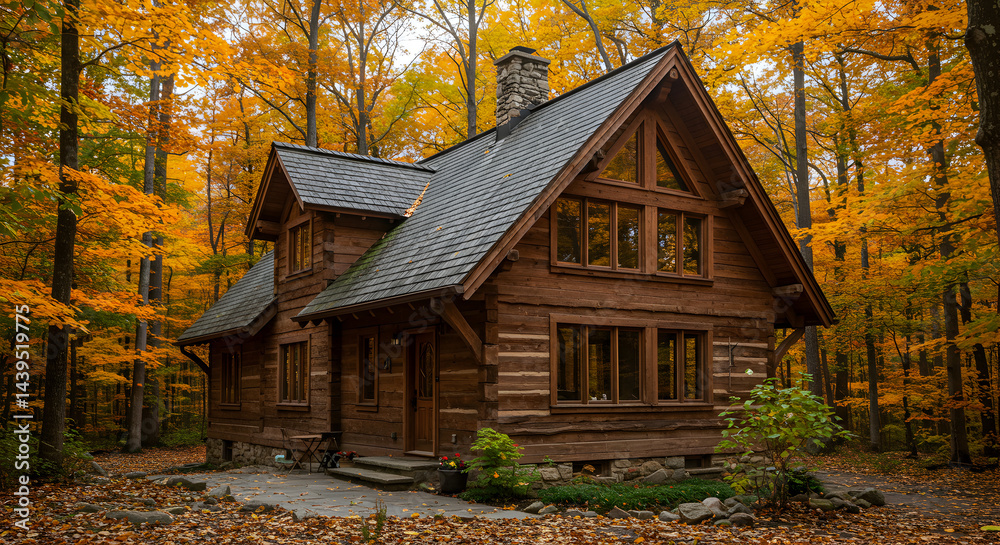 Secluded Log Cabin Retreat Amidst the Autumnal Blaze of Colorful Forest Secluded Log Cabin Retreat Amidst the Autumnal Blaze of Colorful Forest