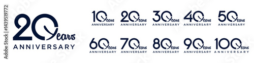 collection anniversary 10 to 100 year logo designs. abstract number for celebration event, wedding, greeting card, and invitation, vector illustration