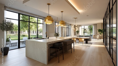 Wallpaper Mural Modern open-concept kitchen and living area with large windows overlooking a courtyard.  Possible use for interior design or real estate Torontodigital.ca