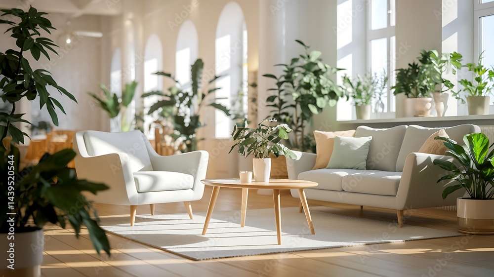 Fototapeta premium Bright and airy living room with natural light, cozy furniture, and lush indoor plants, creating a refreshing and inviting atmosphere, perfect for home interiors and interior design.