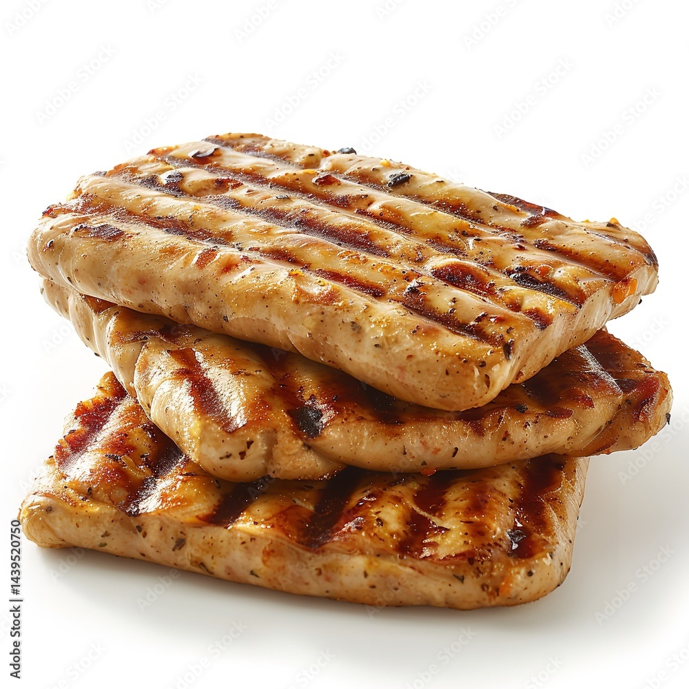 Grilled chicken sausage patties stack isolated on white background food photography delicious meal product 100 characters on transparent background Grilled chicken sausage patties stack isolated on white background food photography delicious meal product 100 characters on transparent background