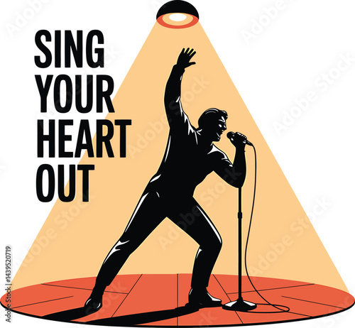 Silhouette of a male singer performing on stage with spotlight and motivational text encouragement to perform with passion