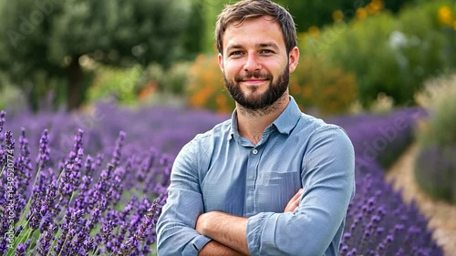 Smiling man with crossed arms in lavender field. photo