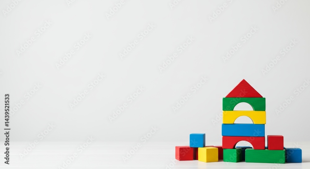 Colorful building blocks creating a playful structure on a white background Colorful building blocks creating a playful structure on a white background