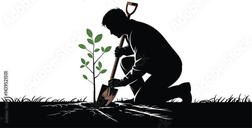 Silhouette of man planting a sapling tree with a shovel for a greener future concept