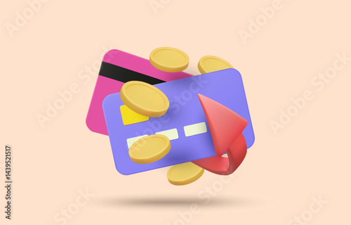 3D illustration vector render of credit card icon, spiral arrow and rotating coins. Concept of financial transaction, credit score accumulation, cashback on purchase of goods or services.