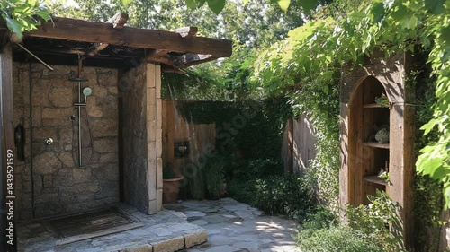 Serene Outdoor Shower Oasis: Stone Shower, Wooden Shelving, Lush Greenery