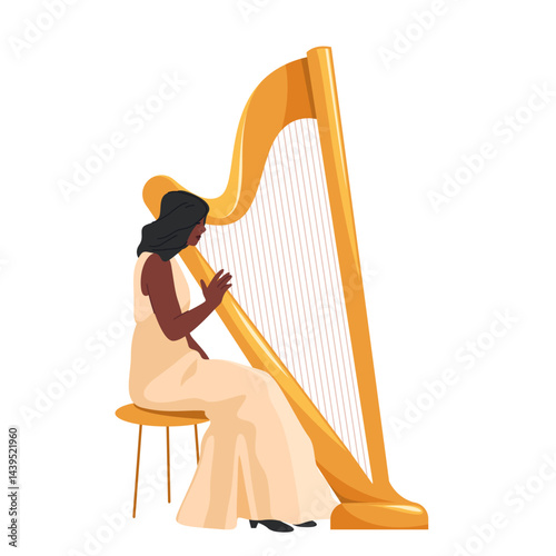 Vector harpist woman. Skilled musician playing harp creating melody and sound in classical style. Music performance on orchestra stage. Solo string and acoustic instrument. Culture and artist event.