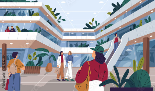 People near shopping center or city mall building. Vector facade of business hub or commercial architecture. Outdoor retail location. Market plaza area. Urban scene with public office facility. Crowd.