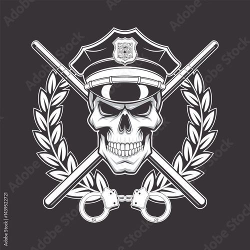 Skull wearing police hat with baton handcuffs and laurel wreath illustration isolated on dark background