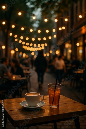 A cozy outdoor café scene in a bustling urban street, with soft, warm golden lights hanging above, creating a romantic atmosphere.