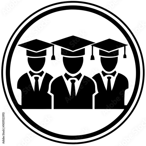 Graduation Ceremony Icon with Three Students in Caps  