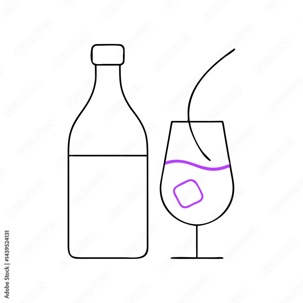 Minimalistic drink bottle and glass with ice cubes in vibrant colors Minimalistic drink bottle and glass with ice cubes in vibrant colors