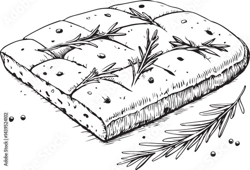 Focaccia Type of Bread, Black and White Vector Illustration, Sketch Drawing Line Linear Symbol Icon Engraving, Hand-drawn Isolated
