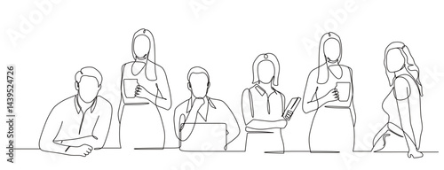 one continuous line of man and woman having a meeting and discussing at the work desk. vector illustration