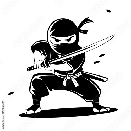 vector illustration silhouette of a ninja character ready for battle on a white background