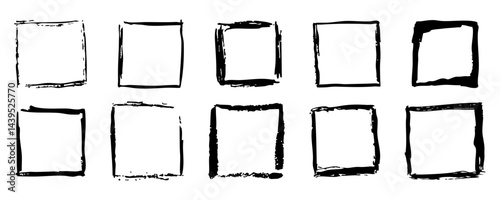 Grunge ink rectangle and square paint border with rough edges. Text box, sketch dirty line, splash. Scribble frame cadre textured 