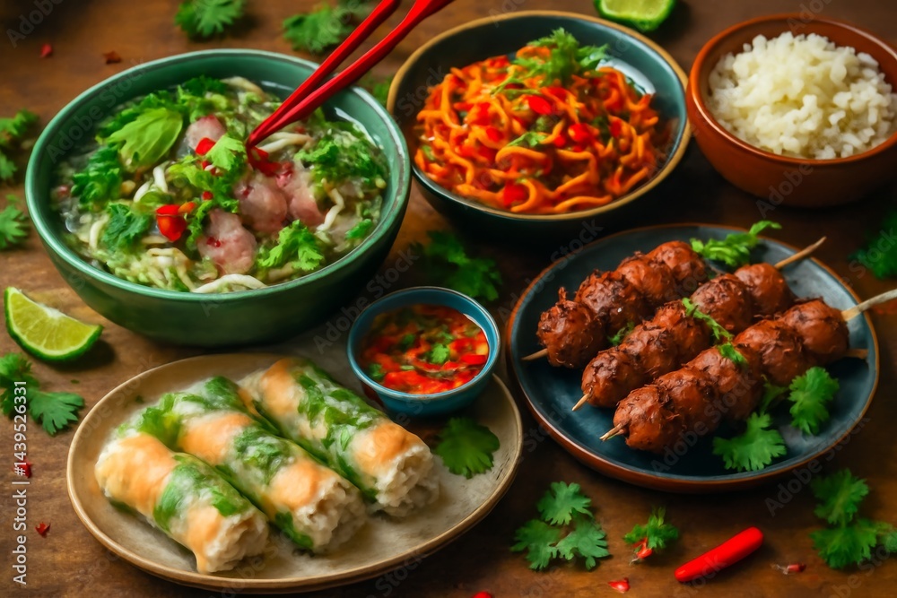 A vibrant close-up shot of a table filled with a variety of colorful, mouth-watering Asian dishes. A vibrant close-up shot of a table filled with a variety of colorful, mouth-watering Asian dishes.
