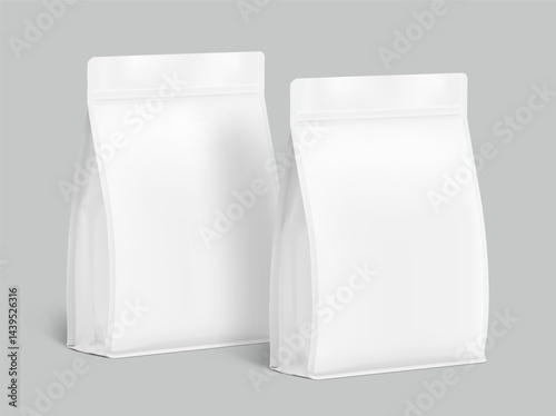 Vertical bags mockup. Flat bottom gusset bag with zipper lock. Half side view. Vector illustration isolated on grey background. Ready for use in presentation, promo, advertising and more. EPS10.