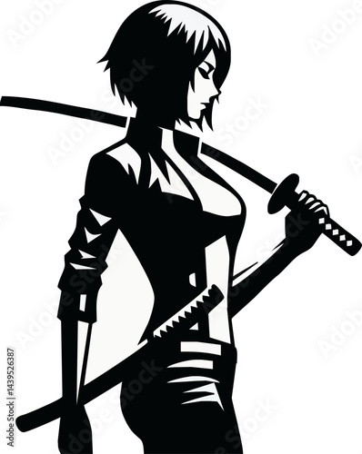 Vector silhouette illustration of a fashion woman with a sword, a beauty in art