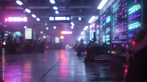Futuristic technology interior with glowing monitors