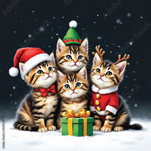 Christmas cat and gift box with Santa Claus hat Cartoon Vector Illustration isolated