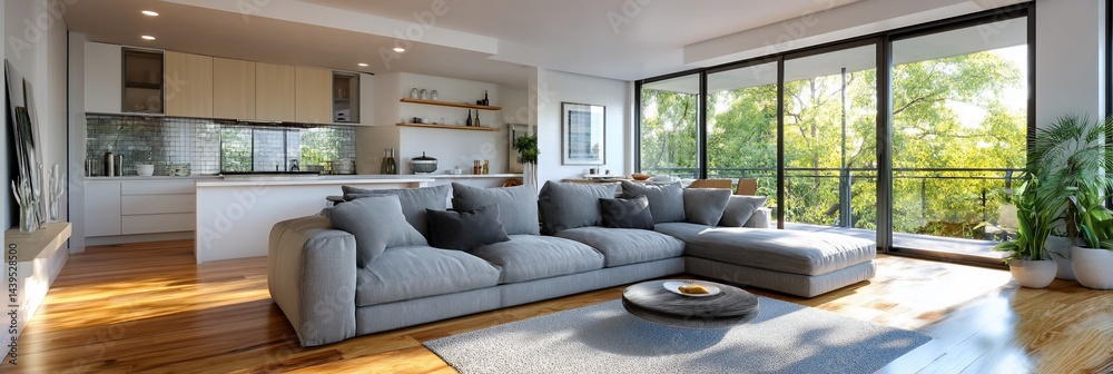 Fototapeta premium Modern open-plan living area with kitchen and balcony view