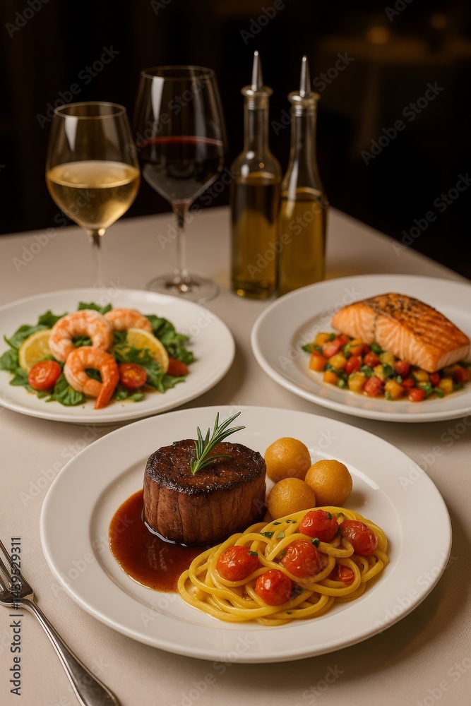 A luxurious table setting with four gourmet dishes beautifully plated on white plates. A luxurious table setting with four gourmet dishes beautifully plated on white plates.
