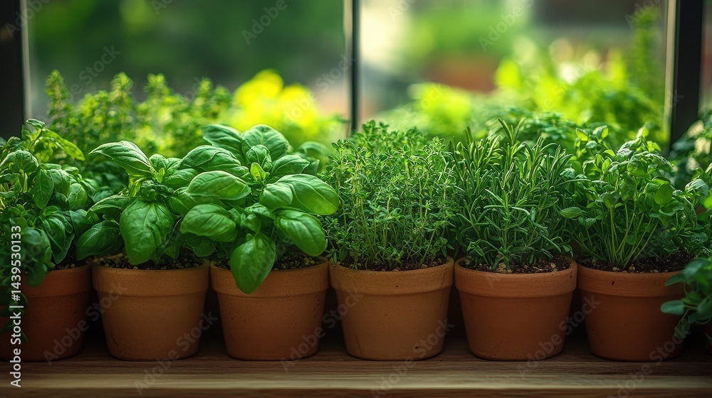 Fresh herbs in terracotta pots on a windowsill. Fresh herbs in terracotta pots on a windowsill.