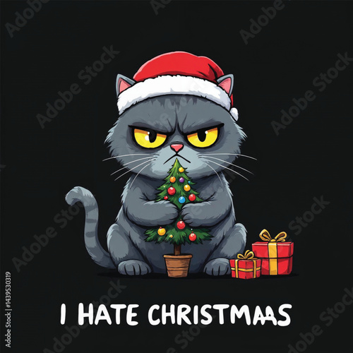 Christmas cat and gift box with Santa Claus hat Cartoon Vector Illustration isolated