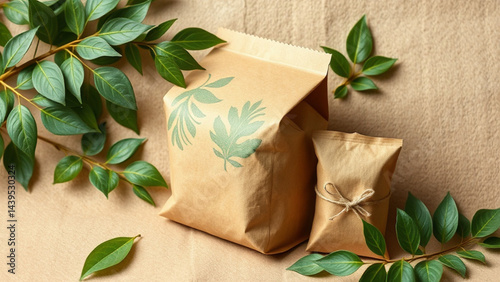 Eco-friendly packaging with natural elements featuring brown paper bags and green leaves on a textured background