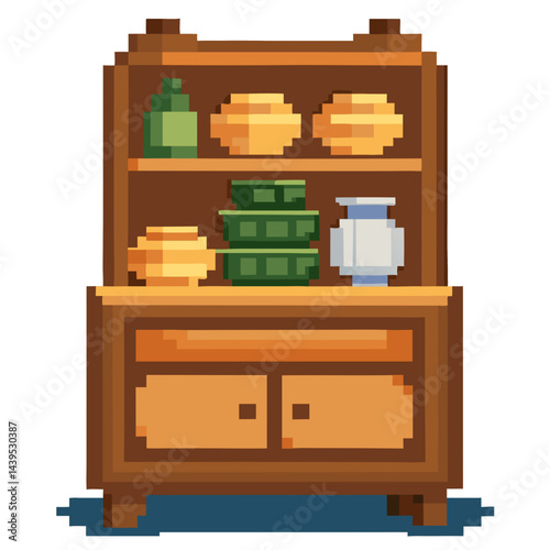 Simple pixel art welsh dresser with decorative items displayed clearly