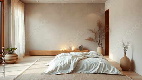 Serene bedroom interior featuring a minimalist bed, natural decor, and soft lighting for relaxation
