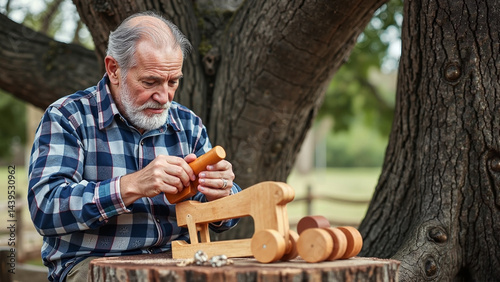 Senior man with a beard crafting wooden toys at a rustic outdoor workshop under a tree