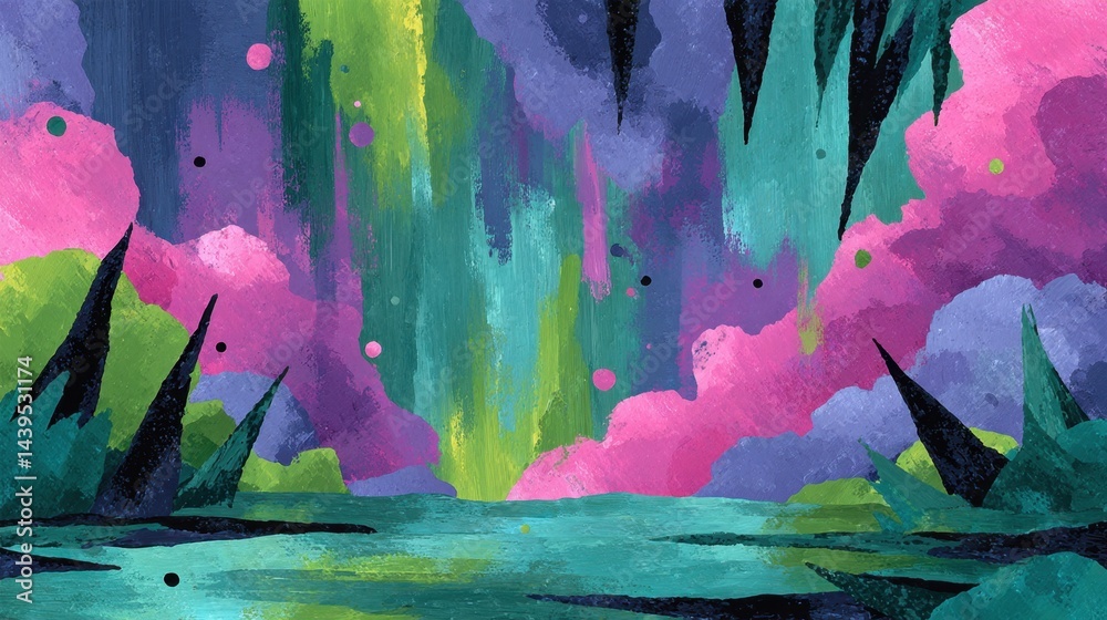 Fototapeta premium Abstract colorful landscape painting with vibrant hues and textured brushstrokes, surreal fantasy scene