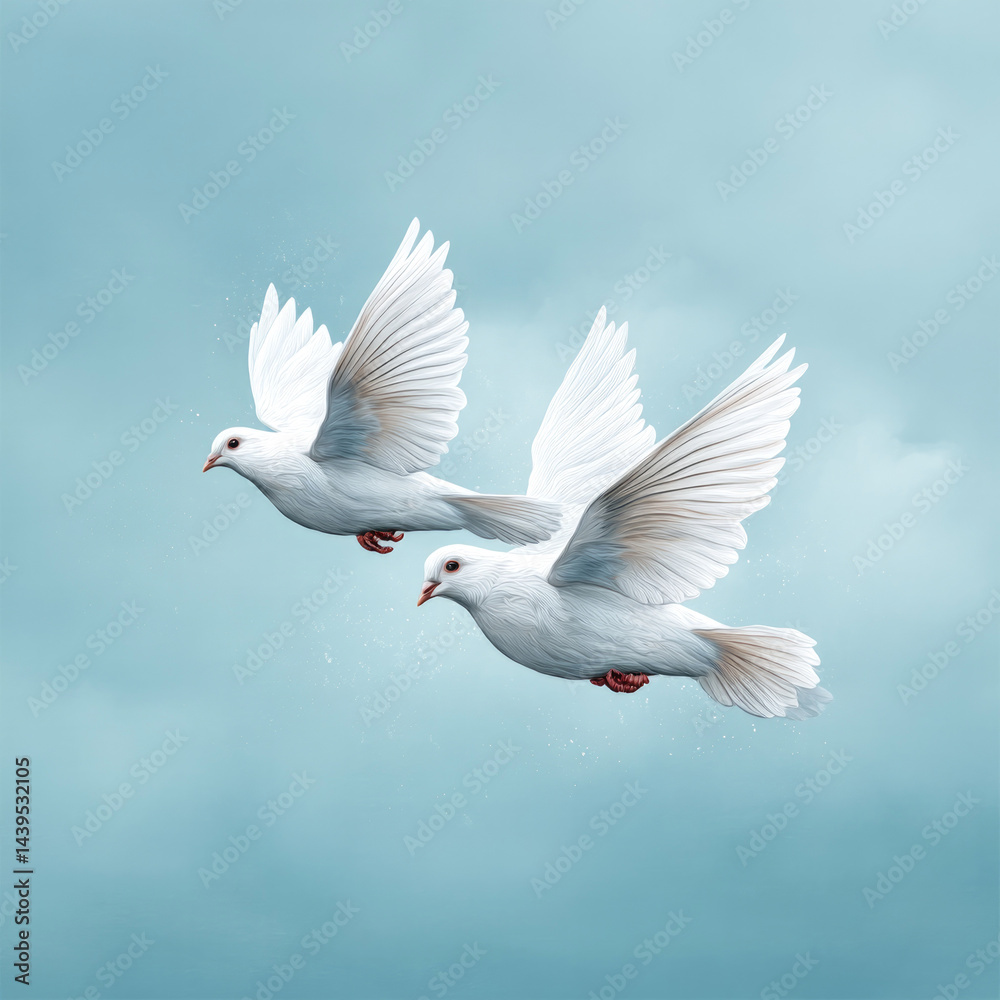 Fototapeta premium Hand painted watercolor clipart of two white doves in flight on light blue background for peace themed design