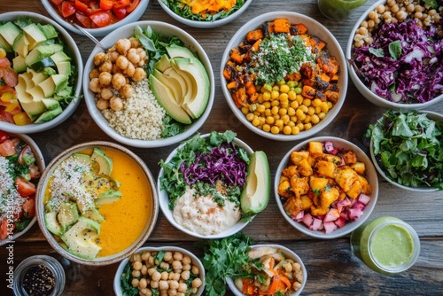 A vibrant plant-based meal spread, featuring colorful bowls , AI Generative.