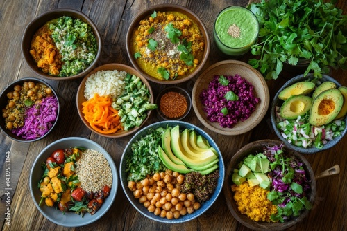 A vibrant plant-based meal spread, featuring colorful bowls , AI Generative.