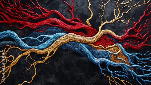 An artistic representation of the human cardiovascular system with arteries and veins depicted as flowing rivers, AI Generative.