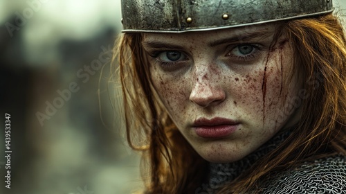A portrait of Joan of Arc, with a fierce and determined gaze, AI Generative.