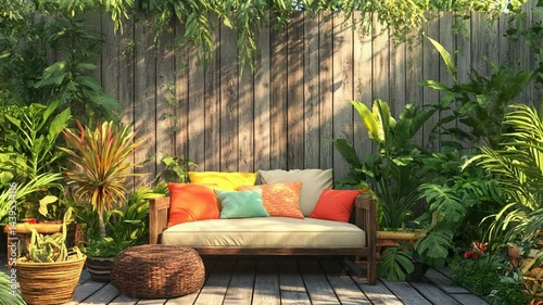 Serene Tropical Garden Oasis: Wooden Patio Furniture Amidst Lush Greenery
