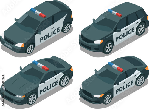Isometric classic black and white police car set