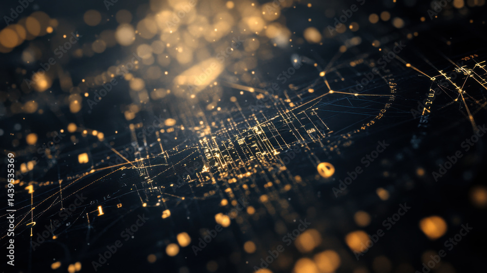 Digital network visualization with glowing nodes and connections conveying data flow at night